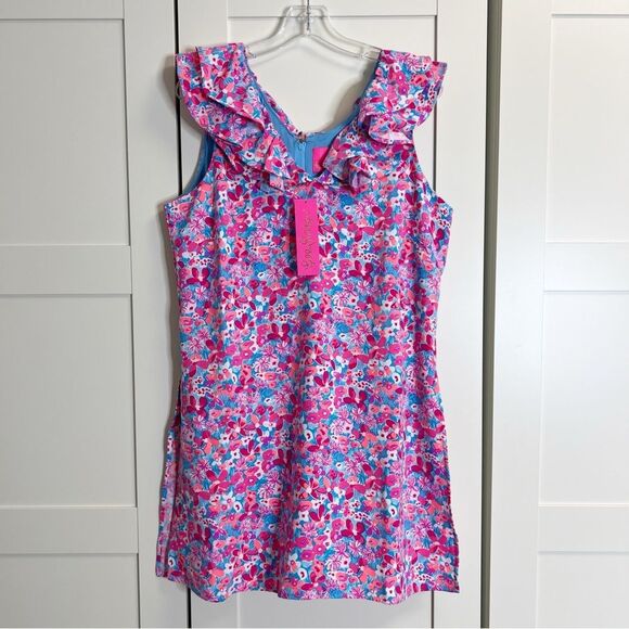 Lilly Pulitzer Aura Pink Baby Bloomer Floral Ruffled Sleeveless Linwood Romper 1 - Picture 1 of 6